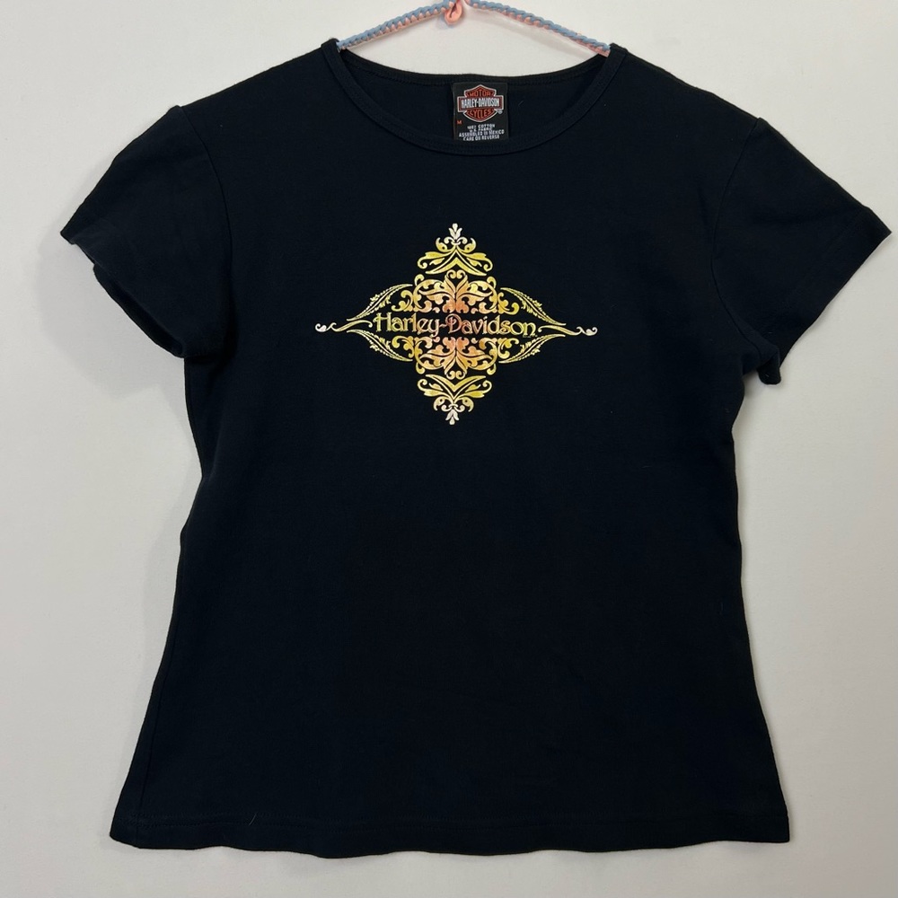Vintage Y2K Harley Davidson Black Graphic Baby Tee Shirt Texas Iridescent Med